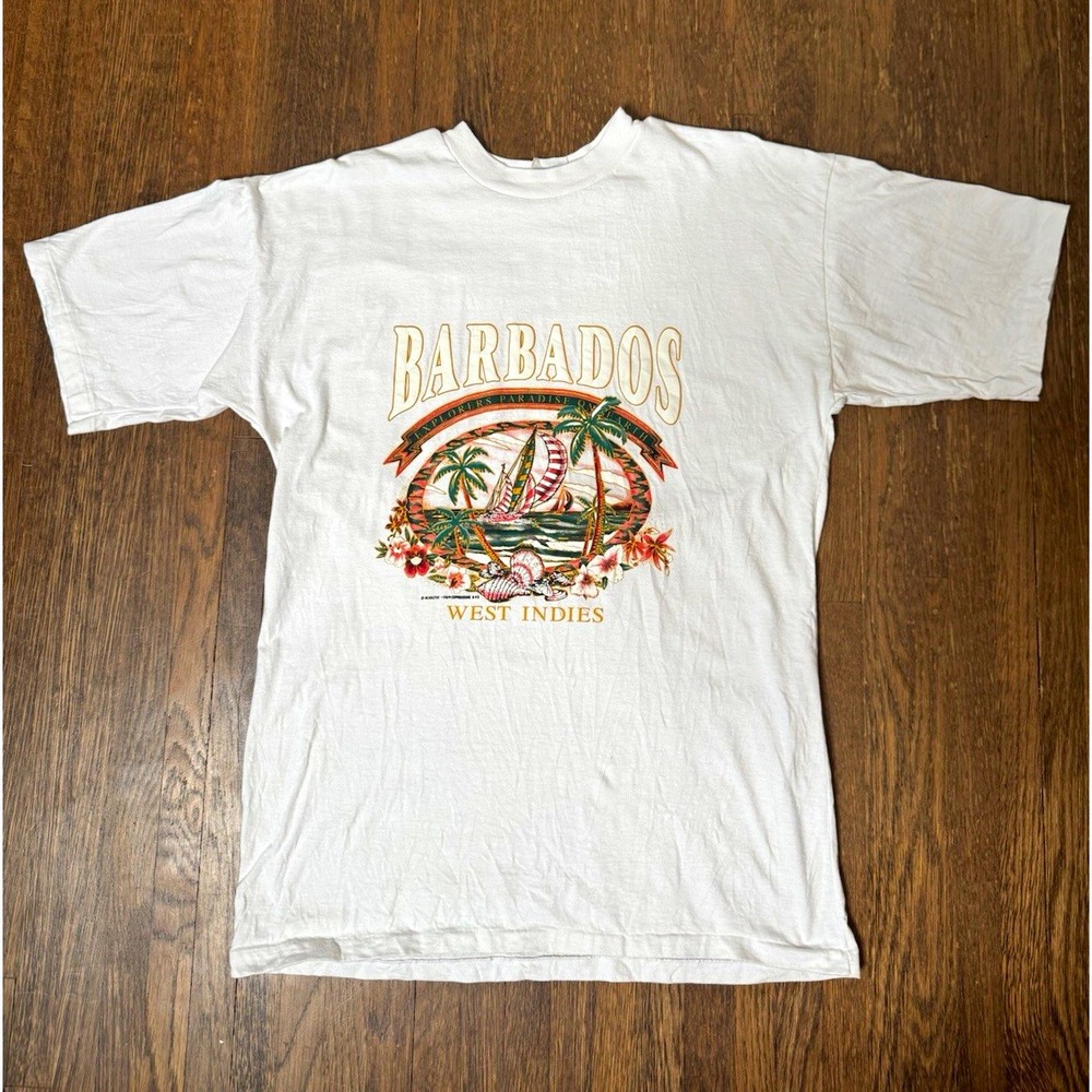 Vintage 90s Barbados West Indies T-Shirt River Bay Single Stitch XL WhiteGraphic